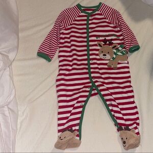 Little Me Red and White Striped Footie with Reindeer